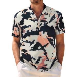 imageCOOFANDY Mens Casual Henley Shirt Band Collar Short Sleeve Shirt Summer Beach Hippie TShirtAbstract Camouflage  Dark Blue Orange Apricot