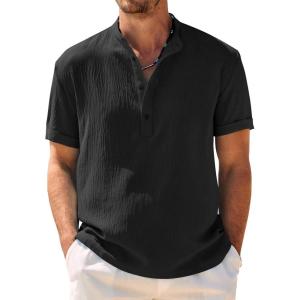 imageCOOFANDY Mens Casual Henley Shirt Band Collar Short Sleeve Shirt Summer Beach Hippie TShirtBlack