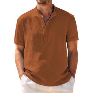 imageCOOFANDY Mens Casual Henley Shirt Band Collar Short Sleeve Shirt Summer Beach Hippie TShirtBrown