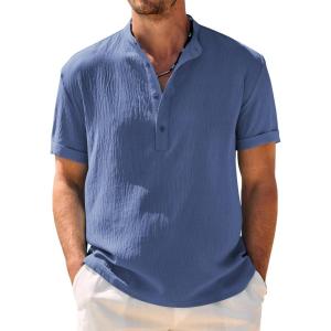 imageCOOFANDY Mens Casual Henley Shirt Band Collar Short Sleeve Shirt Summer Beach Hippie TShirtDark Blue