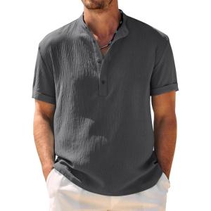 imageCOOFANDY Mens Casual Henley Shirt Band Collar Short Sleeve Shirt Summer Beach Hippie TShirtDark Gray