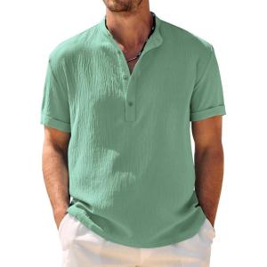 imageCOOFANDY Mens Casual Henley Shirt Band Collar Short Sleeve Shirt Summer Beach Hippie TShirtIce Green