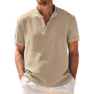 imageCOOFANDY Mens Casual Henley Shirt Band Collar Short Sleeve Shirt Summer Beach Hippie TShirtKhaki