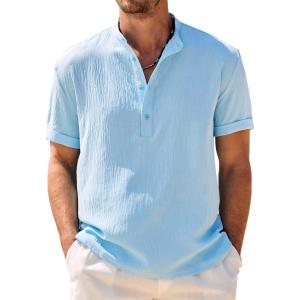 imageCOOFANDY Mens Casual Henley Shirt Band Collar Short Sleeve Shirt Summer Beach Hippie TShirtLight Blue