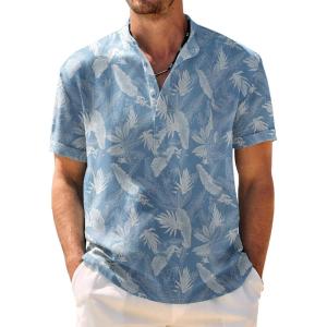 imageCOOFANDY Mens Casual Henley Shirt Band Collar Short Sleeve Shirt Summer Beach Hippie TShirtLight Blue Flower