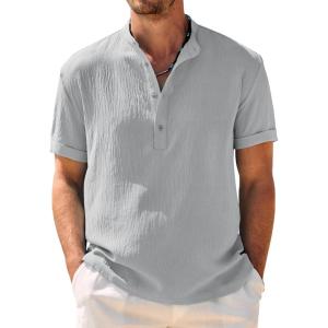 imageCOOFANDY Mens Casual Henley Shirt Band Collar Short Sleeve Shirt Summer Beach Hippie TShirtLight Grey