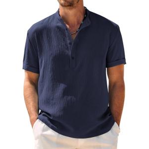 imageCOOFANDY Mens Casual Henley Shirt Band Collar Short Sleeve Shirt Summer Beach Hippie TShirtNavy Blue