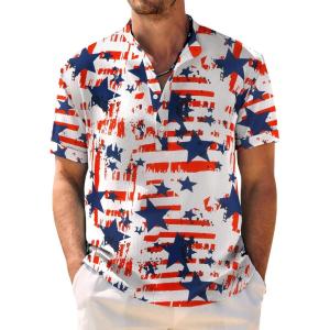 imageCOOFANDY Mens Casual Henley Shirt Band Collar Short Sleeve Shirt Summer Beach Hippie TShirtRed White Flag Blue Stars