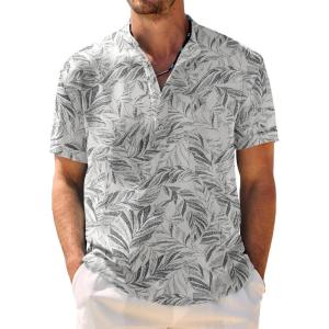 imageCOOFANDY Mens Casual Henley Shirt Band Collar Short Sleeve Shirt Summer Beach Hippie TShirtWhite Black Flower