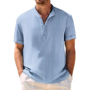 imageCOOFANDY Mens Casual Henley Shirt Band Collar Short Sleeve Shirt Summer Beach Hippie TShirtWhite Stripes on Blue