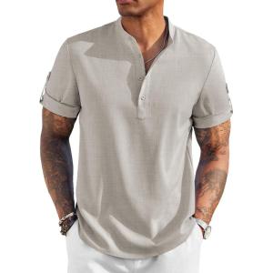 imageCOOFANDY Mens Casual Henley Shirt Short Sleeve Band Collar Linen Shirt Summer Beach Hippie TShirtsApricot