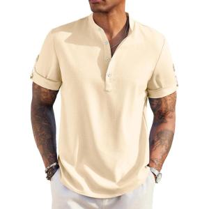 imageCOOFANDY Mens Casual Henley Shirt Short Sleeve Band Collar Linen Shirt Summer Beach Hippie TShirtsBeige