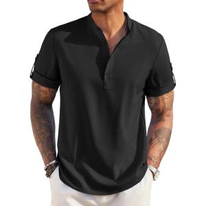 imageCOOFANDY Mens Casual Henley Shirt Short Sleeve Band Collar Linen Shirt Summer Beach Hippie TShirtsBlack