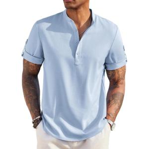 imageCOOFANDY Mens Casual Henley Shirt Short Sleeve Band Collar Linen Shirt Summer Beach Hippie TShirtsBlue