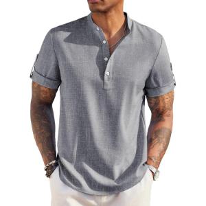 imageCOOFANDY Mens Casual Henley Shirt Short Sleeve Band Collar Linen Shirt Summer Beach Hippie TShirtsFlecking Navy Blue