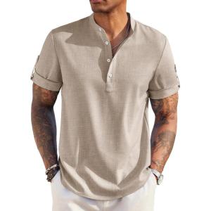 imageCOOFANDY Mens Casual Henley Shirt Short Sleeve Band Collar Linen Shirt Summer Beach Hippie TShirtsKhaki