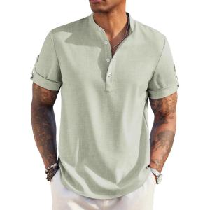 imageCOOFANDY Mens Casual Henley Shirt Short Sleeve Band Collar Linen Shirt Summer Beach Hippie TShirtsLight Green