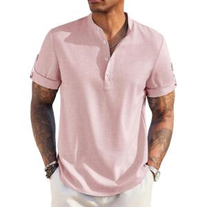 imageCOOFANDY Mens Casual Henley Shirt Short Sleeve Band Collar Linen Shirt Summer Beach Hippie TShirtsPink