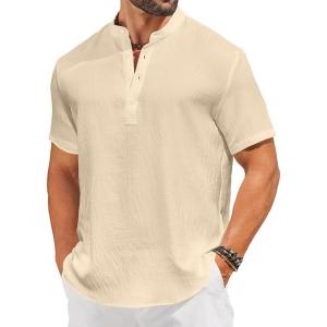 imageCOOFANDY Mens Casual Henley Shirt Short Sleeve Linen Shirt Band Collar Summer Hippie Beach TShirtsBeige