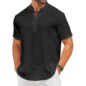 imageCOOFANDY Mens Casual Henley Shirt Short Sleeve Linen Shirt Band Collar Summer Hippie Beach TShirtsBlack