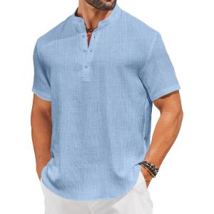 imageCOOFANDY Mens Casual Henley Shirt Short Sleeve Linen Shirt Band Collar Summer Hippie Beach TShirtsBlue