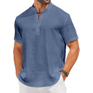 imageCOOFANDY Mens Casual Henley Shirt Short Sleeve Linen Shirt Band Collar Summer Hippie Beach TShirtsDenim Blue