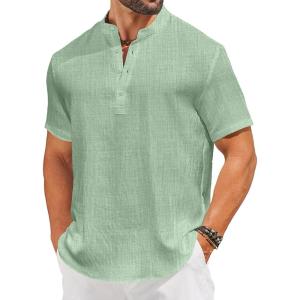 imageCOOFANDY Mens Casual Henley Shirt Short Sleeve Linen Shirt Band Collar Summer Hippie Beach TShirtsGreen