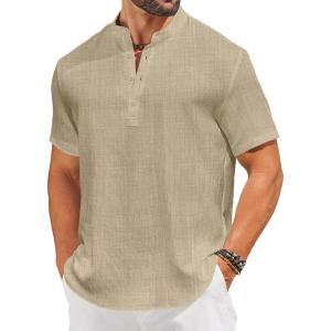 imageCOOFANDY Mens Casual Henley Shirt Short Sleeve Linen Shirt Band Collar Summer Hippie Beach TShirtsLight Khaki
