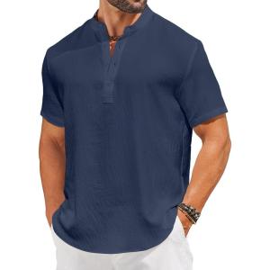 imageCOOFANDY Mens Casual Henley Shirt Short Sleeve Linen Shirt Band Collar Summer Hippie Beach TShirtsNavy Blue