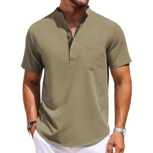 imageCOOFANDY Mens Casual Henley Shirts Band Collar Short Sleeve TShirts Summer Stylish Beach Hippie ShirtArmy Green