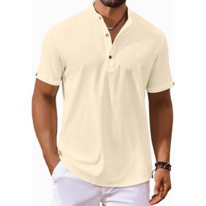 imageCOOFANDY Mens Casual Henley Shirts Short Sleeve Summer Beach TShirts Banded Collar Henleys Button Tee ShirtBeige