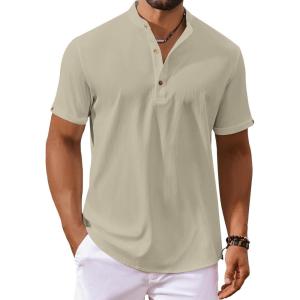 imageCOOFANDY Mens Casual Henley Shirts Short Sleeve Summer Beach TShirts Banded Collar Henleys Button Tee ShirtGray Green