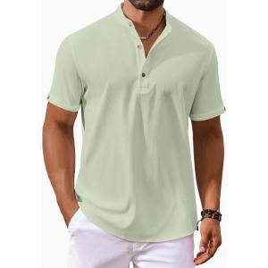 imageCOOFANDY Mens Casual Henley Shirts Short Sleeve Summer Beach TShirts Banded Collar Henleys Button Tee ShirtLight Green