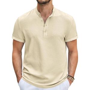imageCOOFANDY Mens Casual Henley Tee Shirt Band Collar Short Sleeve Summer Beach Hippie T ShirtsBeige