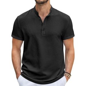 imageCOOFANDY Mens Casual Henley Tee Shirt Band Collar Short Sleeve Summer Beach Hippie T ShirtsBlack