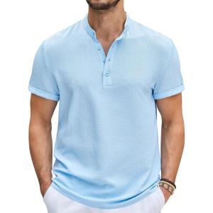 imageCOOFANDY Mens Casual Henley Tee Shirt Band Collar Short Sleeve Summer Beach Hippie T ShirtsClear Blue