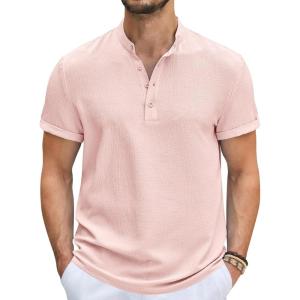 imageCOOFANDY Mens Casual Henley Tee Shirt Band Collar Short Sleeve Summer Beach Hippie T ShirtsDark Pink