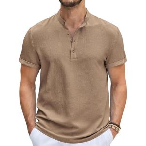 imageCOOFANDY Mens Casual Henley Tee Shirt Band Collar Short Sleeve Summer Beach Hippie T ShirtsKhaki
