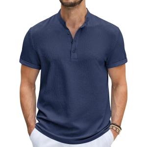 imageCOOFANDY Mens Casual Henley Tee Shirt Band Collar Short Sleeve Summer Beach Hippie T ShirtsNavy Blue