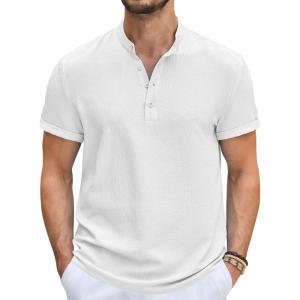 imageCOOFANDY Mens Casual Henley Tee Shirt Band Collar Short Sleeve Summer Beach Hippie T ShirtsWhite