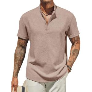 imageCOOFANDY Mens Casual Linen Henley Shirts Short Sleeve Band Collar Summer Beach Vacation TShirtsKhaki