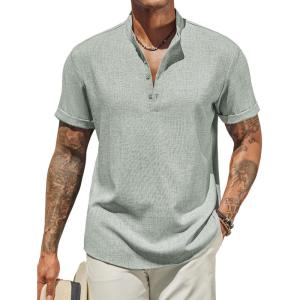 imageCOOFANDY Mens Casual Linen Henley Shirts Short Sleeve Band Collar Summer Beach Vacation TShirtsLight Green