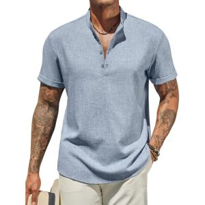 imageCOOFANDY Mens Casual Linen Henley Shirts Short Sleeve Band Collar Summer Beach Vacation TShirtsLight Heather Blue