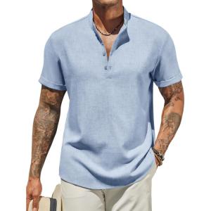 imageCOOFANDY Mens Casual Linen Henley Shirts Short Sleeve Band Collar Summer Beach Vacation TShirtsSolid Light Blue