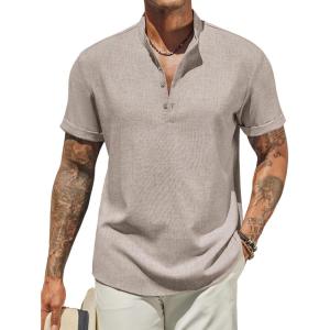 imageCOOFANDY Mens Casual Linen Henley Shirts Short Sleeve Band Collar Summer Beach Vacation TShirtsStone