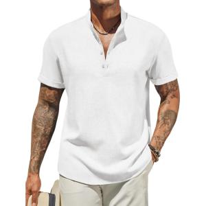 imageCOOFANDY Mens Casual Linen Henley Shirts Short Sleeve Band Collar Summer Beach Vacation TShirtsWhite