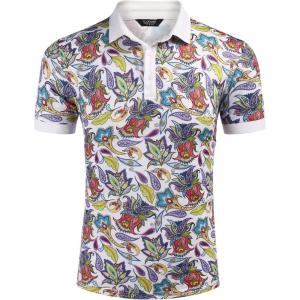 imageCOOFANDY Mens Casual Short Sleeve Polo Shirts Slim Fit Paisley Polo T Shirts Floral Print ShirtPaisleywhite