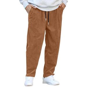 imageCOOFANDY Mens Corduroy Pants Elastic Waist Drawstring Harem Pants Fashion Loose Casual Long Trousers with 4 PocketsLight Brown