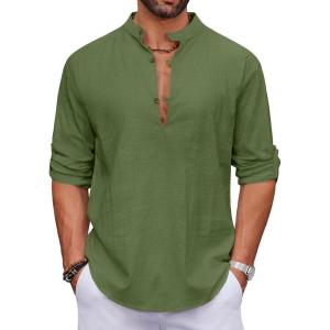 imageCOOFANDY Mens Cotton Linen Henley Shirt Casual Beach Hippie Shirts Long Sleeve TShirtsArmy Green