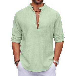 imageCOOFANDY Mens Cotton Linen Henley Shirt Casual Beach Hippie Shirts Long Sleeve TShirtsLight Green